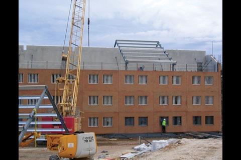 Cantilevered scaffolding was needed for the roof cladding. Kier is planning to use a fully prefabricated roofing system on its next prison project.